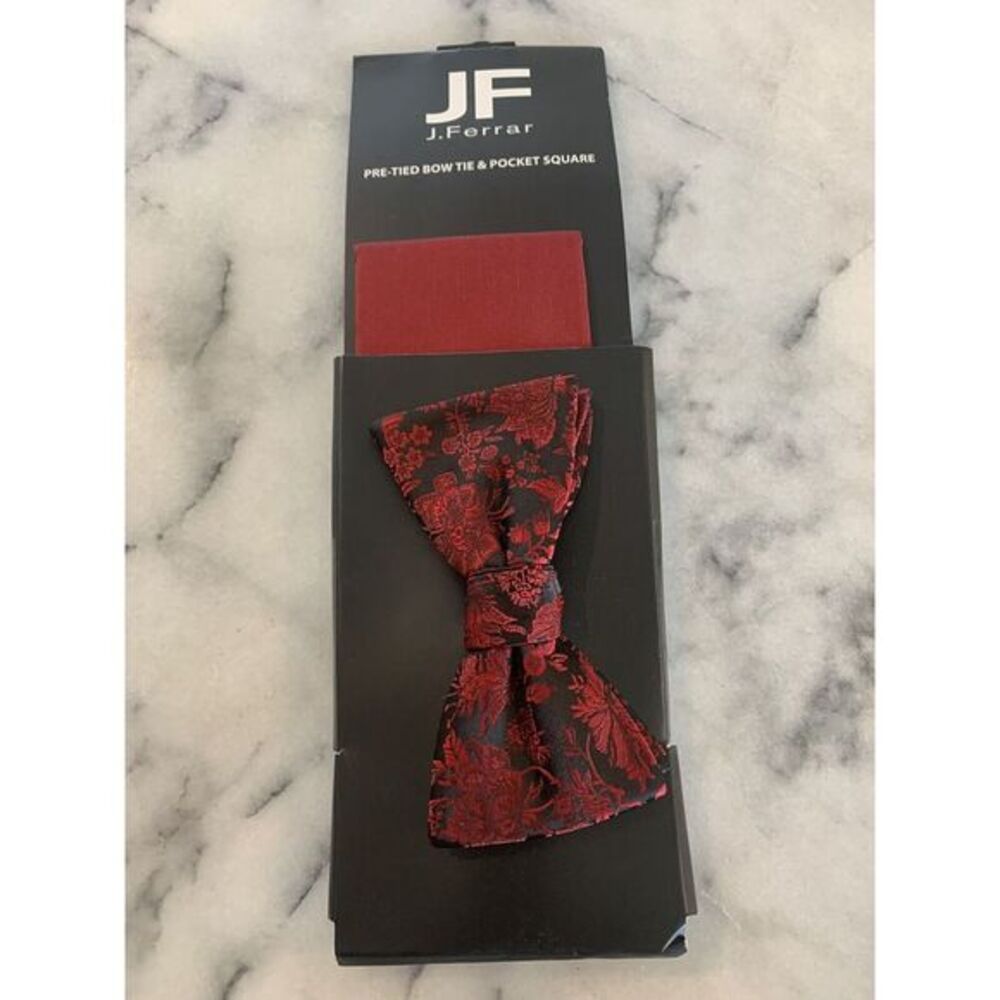 NWT JF J Ferrar Pretied Bow‎ Tie Bowtie Pocket Square Red Black Floral MSRP $40